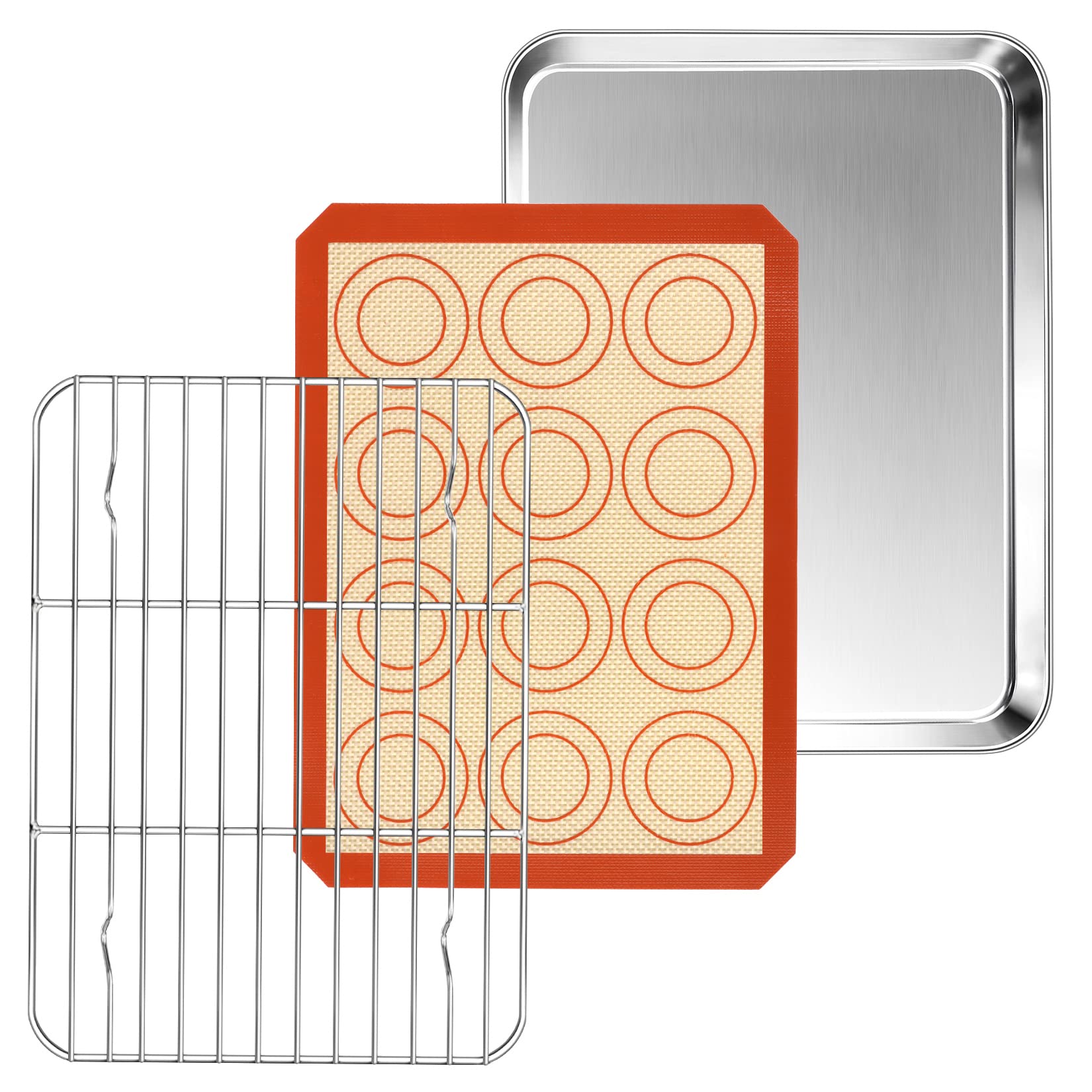 Photo 1 of P&P CHEF 10.4 Inch Baking Oven Sheet Pan with Rack & Mat for Cookie, Stainless Steel Oven Sheet Tray Cooling Rack and Silicone Mat for Baking & Roasting, Dishwasher Safe & Healthy, 3Pcs