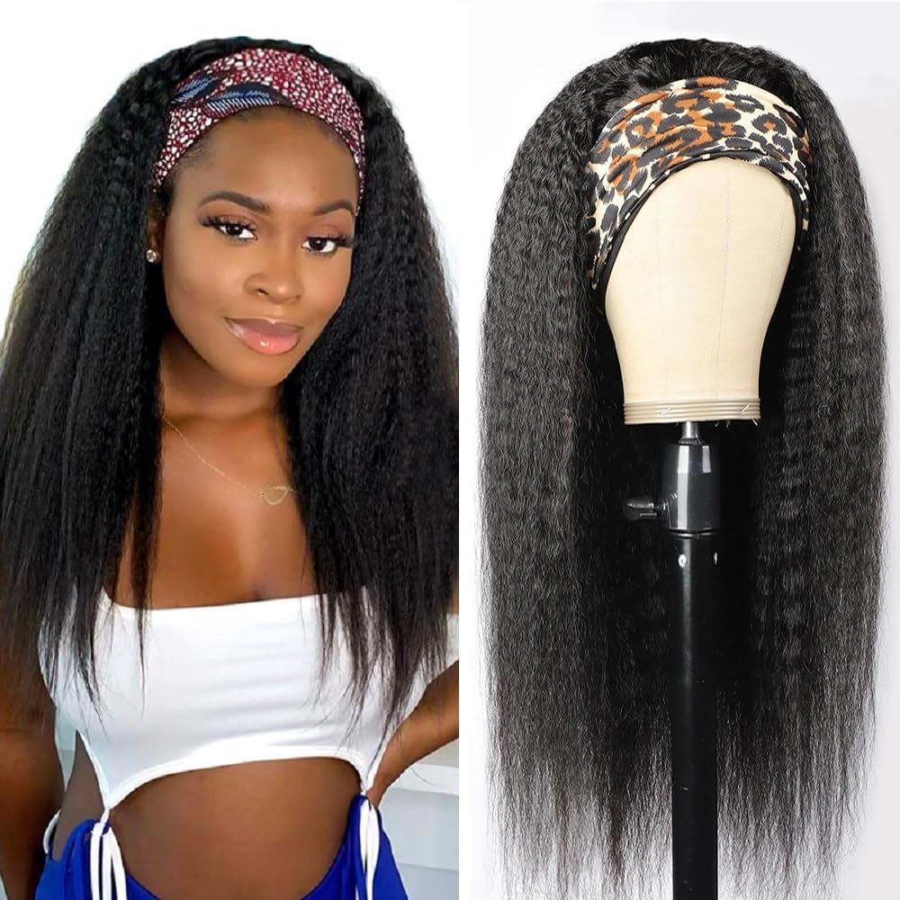 Long Headband Wig Human Hair 24Inch Yaki Straight Wig Glueless Headband Wigs Yaki Human Hair Wig Kinky Straight Headband Wig For Women Wear and Go Half Black Wigs180% Density