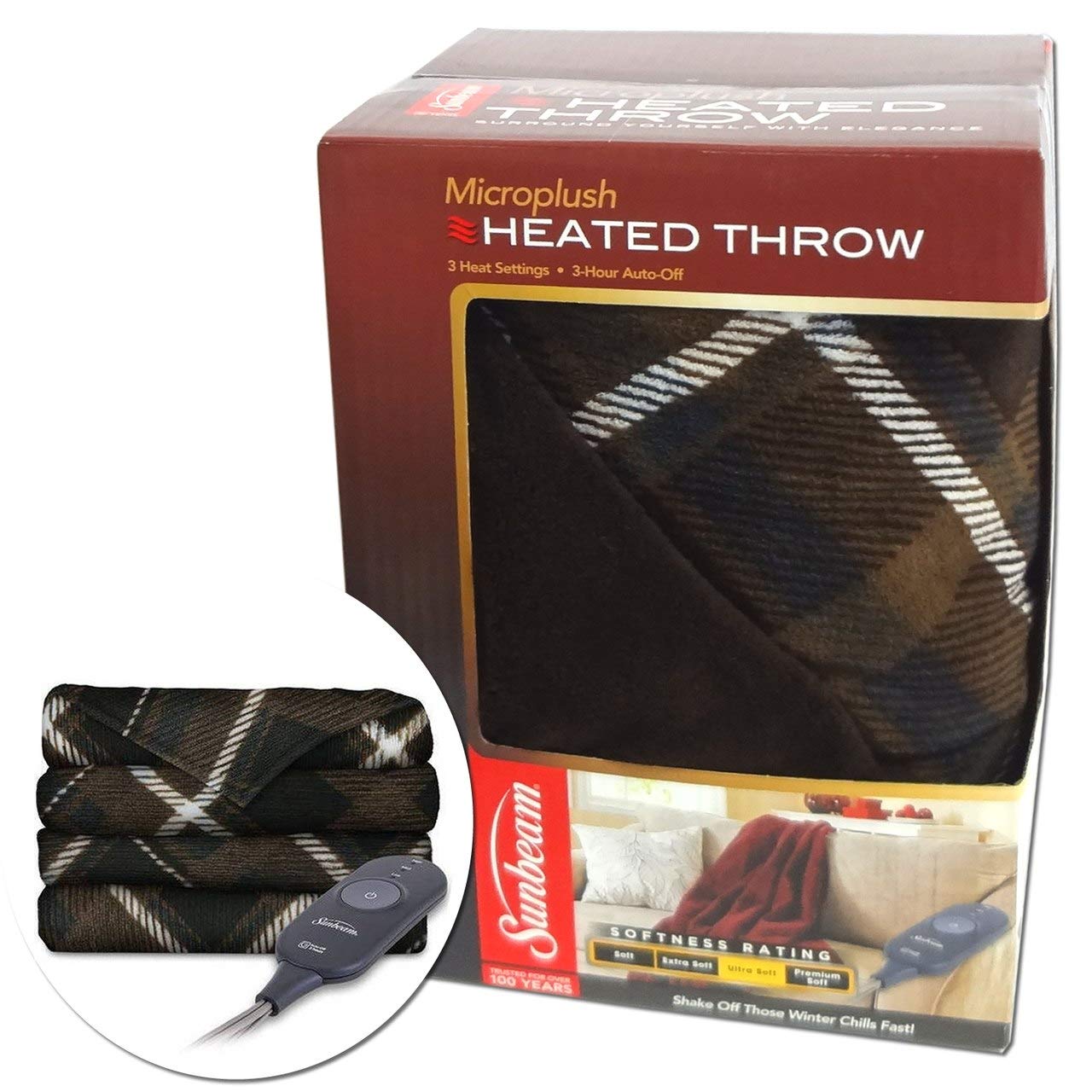 Sunbeam Heated Electric Throw Blanket Imperial Plush, Sebastien Plaid Brown