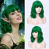 DWMGLP 14" Short Green Curly Wig For Women Girls Heat Resistant Fiber Wigs Halloween Cosplay Daily Party+Cap (Green)