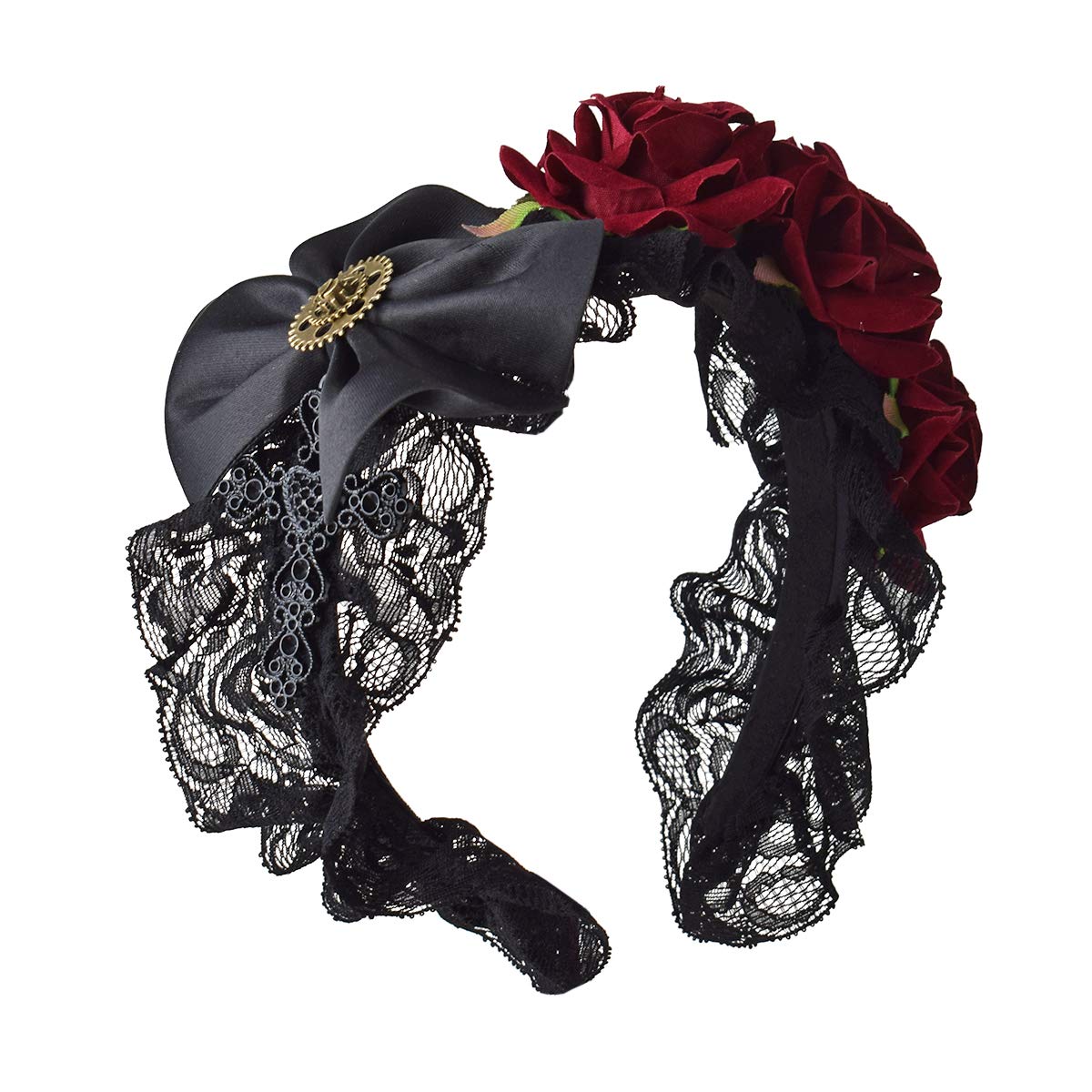 Women Rose Flower Red Headband Punk Gothic Crown Hair Band (Red 2)