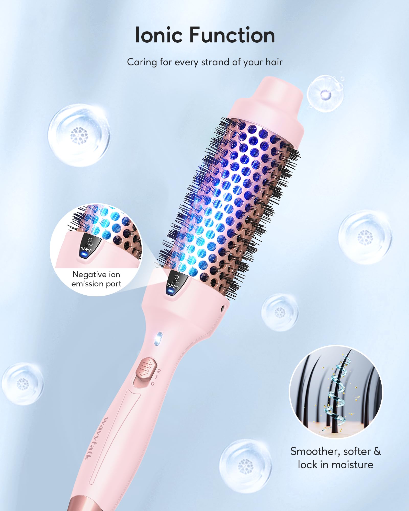 wavytalk Thermal Brush, Blowout Express 1.5 Inch Negative Ion Thermal Round Brush Creates Blowout Look Makes Hair Shinier & Smoother, Dual Voltage, Easy to Use (Pink)