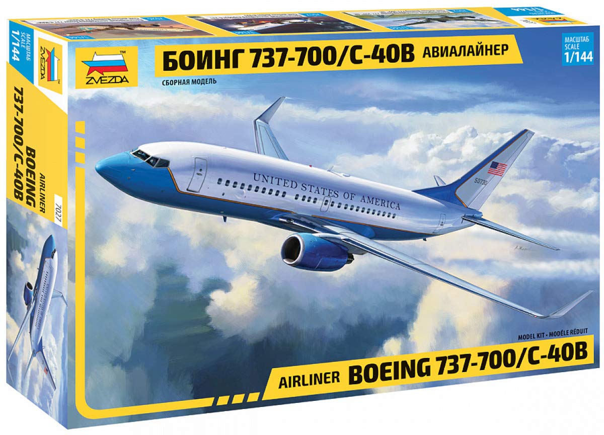 Zvezda 500787027 Boeing 737-700/C-40B Other License 500787027-1:144 737-700 / C-40 Plastic Model Kit Assembly Kit for Beginners Detailed, White/Blue, Small