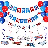 Airplane Aviator Themed Party Decoration-Silver Glitter Happy Birthday Banner and Garland,30Ct Airplanes Hanging Swirl,Airplane Foil Balloons for Up Up and Away Felt Party, Plane Theme Birthday Party.