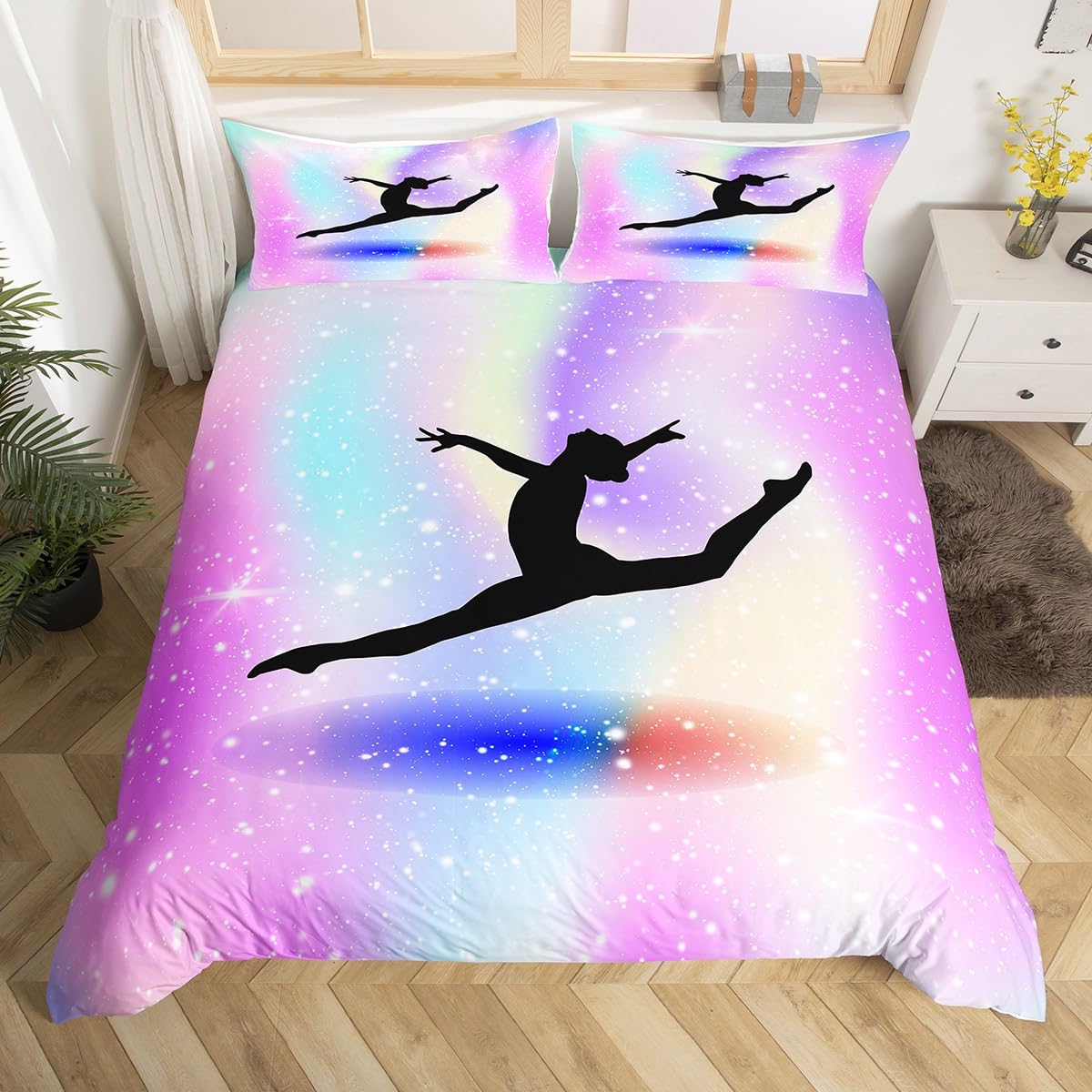 Gymnastics Lover Bedding Set for Girls, Rainbow Pastel Comforter Cover Dancer Silhouette Duvet Cover Double Gymnastics Room Decor Galaxy Gradient Sparkle Bedspread Cover for Kids Teens Women Bedroom