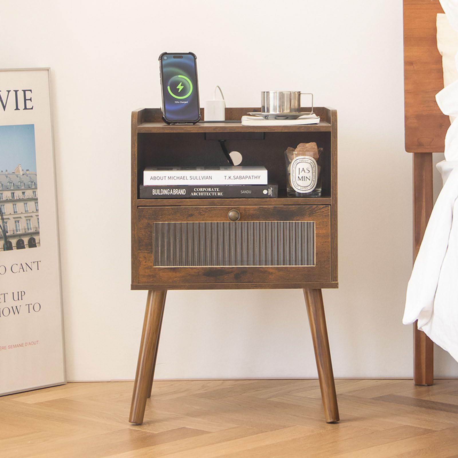Photo 1 of AWASEN Mid Century Night Stand with Charging Station, Wood Bedside Table with Glass Drawer, Small Modern Nightstand End Side Table with 2 Tiers Storage for Bedroom, Office(Rustic Brown)