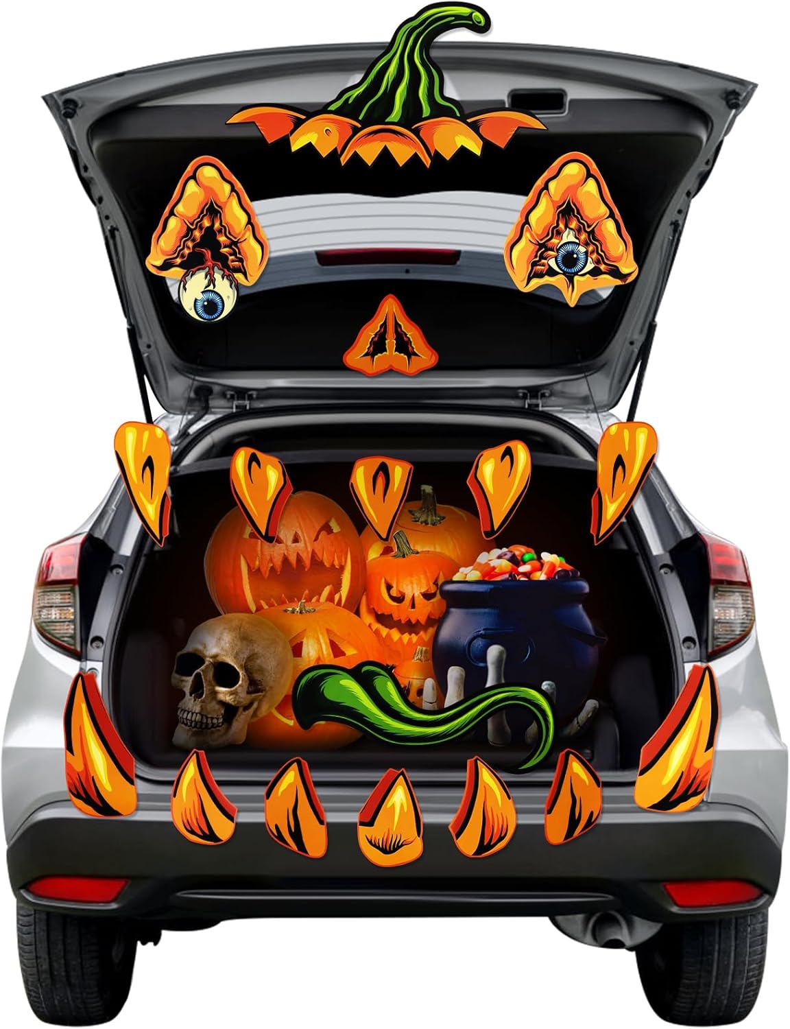 Garage Door Decorations - Halloween Trunk or Treat Car Decorations Kit, Pumpkin Scary Fangs Monster Face Decor for SUV Garage Door Archway Halloween Outdoor Decorations with Bloody Eyes, Nostrils, Fangs, Tongue