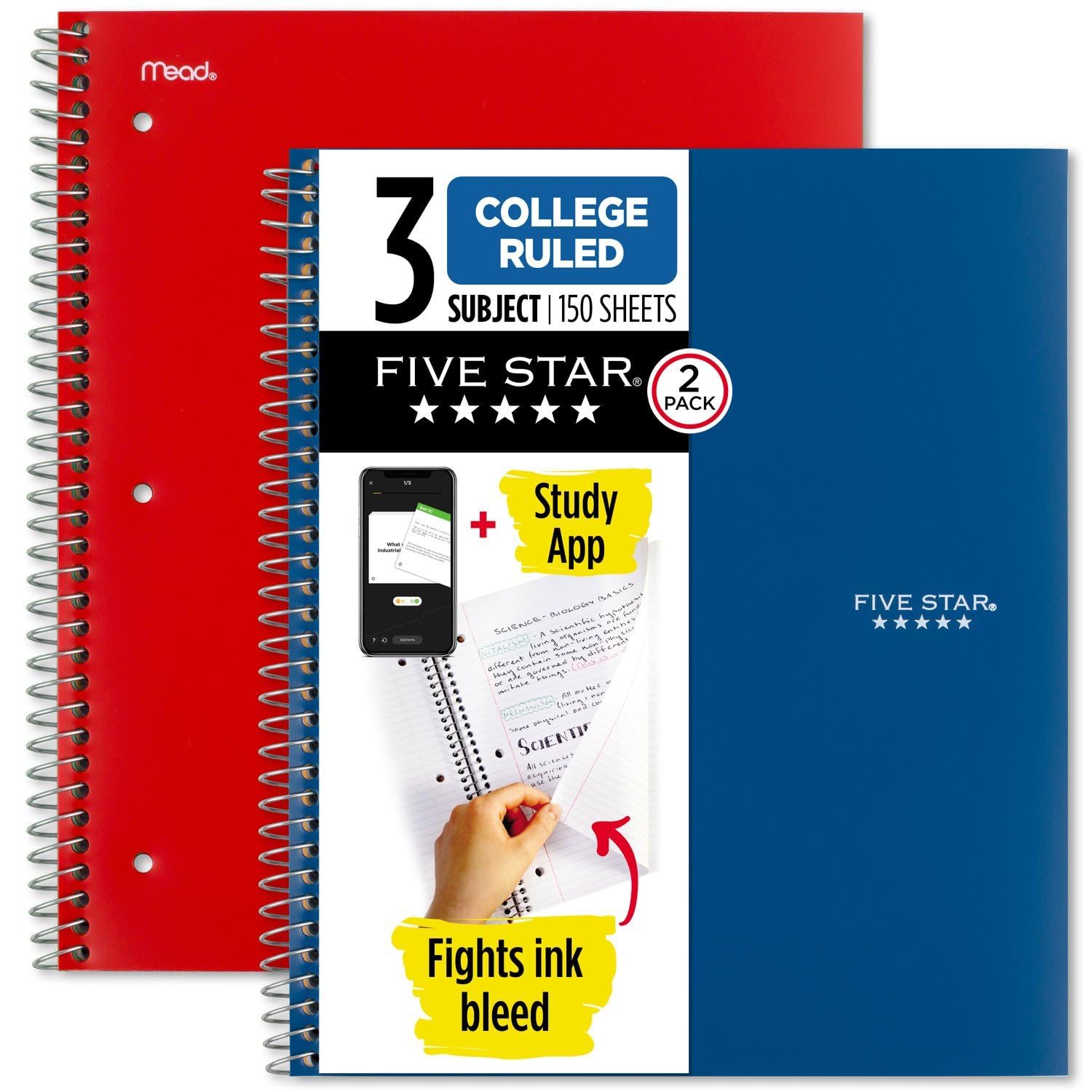 Five Star Spiral Notebooks Plus Study App, 2 Pack, 3 Subject, College Ruled Paper, 11" x 8-1/2", 150 Sheets, Blue & Red (38502)