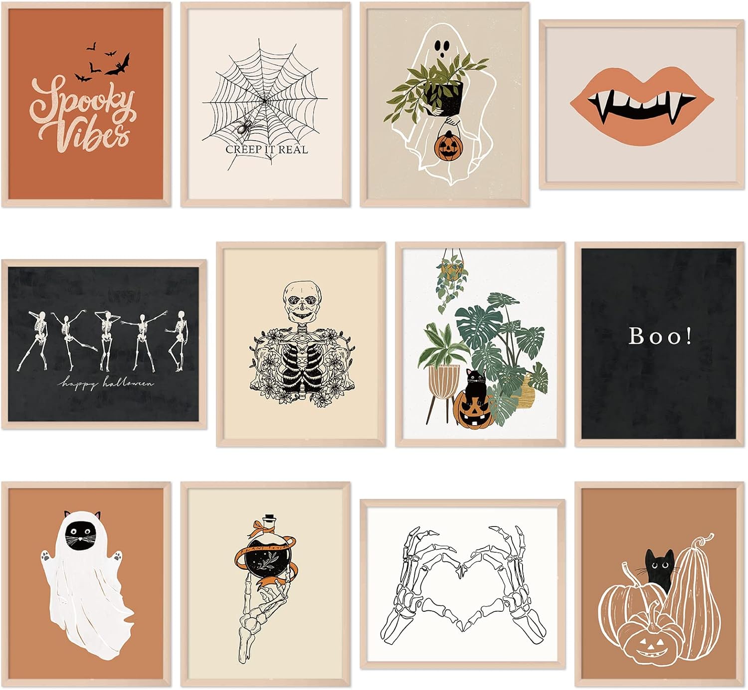 Wall Décor - Whaline 12Pcs Halloween Wall Art Prints 8x10 Inch Boho Skeleton Ghost Black Cat Art Poster Decor Halloween Art Prints for Halloween Gallery Wall Home Living Room Bedroom Decor (UNFRAMED)
