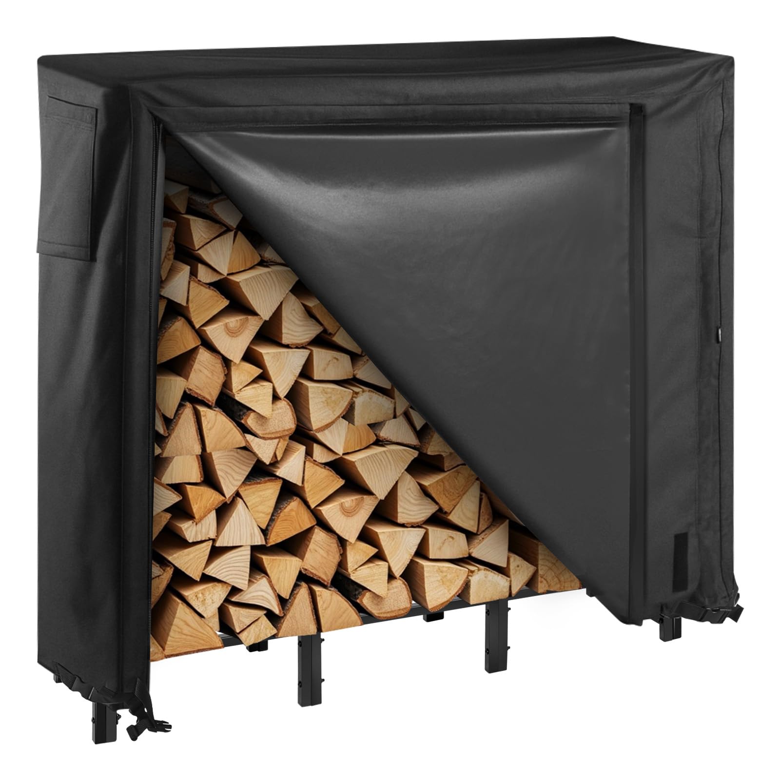 VEVOR Firewood Rack with Waterproof Cover, 4 ft Outdoor Firewood Holder, 1/4 Cord Storage Metal Log Holder, 400lb Max Weight Capacity, Full Covered, Powder-Coated Wood Storage Rack for Fireplace Deck Image