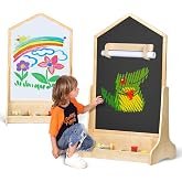 KRAND Kids Double-Sided Magnetic Art Easel with Paper Roller &amp; Dual Storage | House-Shaped Drawing Board with Detachable Roller &amp; Dual-Sided Bottom Storage Trays, Wall Mountable