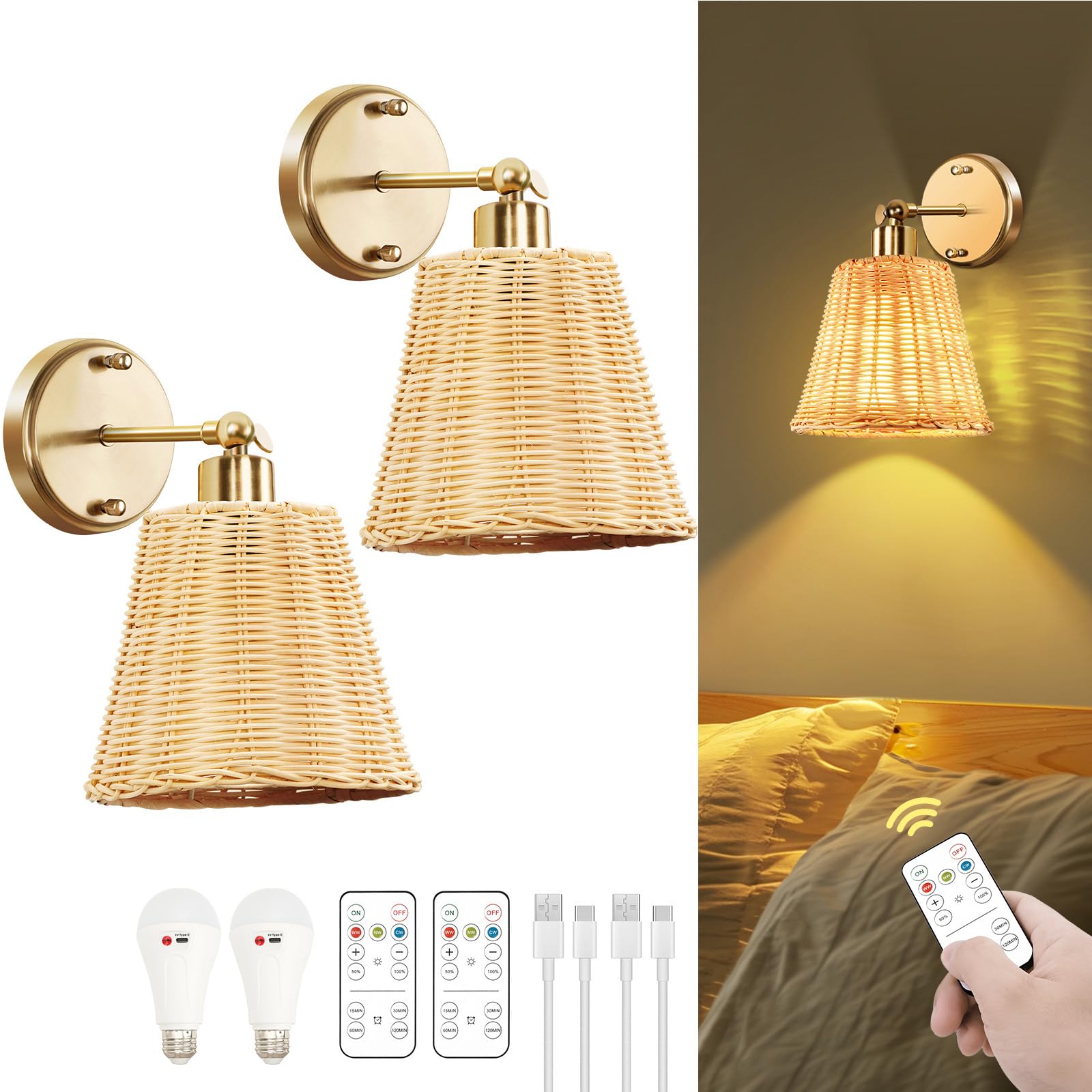 Photo 1 of Frideko Rattan Rechargeable Battery Operated Wall Sconces Set of Two with Remote, 3 Colors Dimmable Wireless Wall Light, 5200mAh Indoor Wall Lamp with 4 Timer, Boho Sconces Wall Lighting for Bedroom
