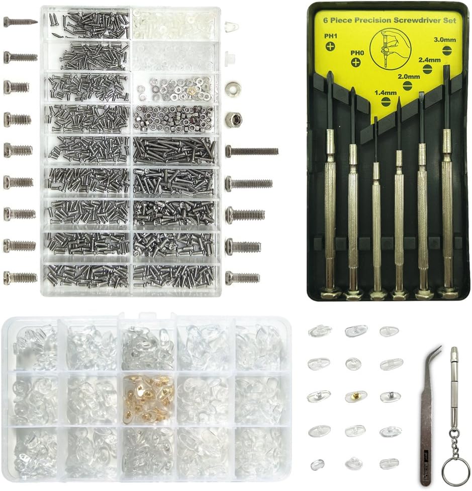 Eyeglass Repair Kit–1300Pcs Glasses screwsand Nose Pads,Nose Pads and 7 Pcs Screwdrivers for Glasses, Sunglasses and Watch Repair.