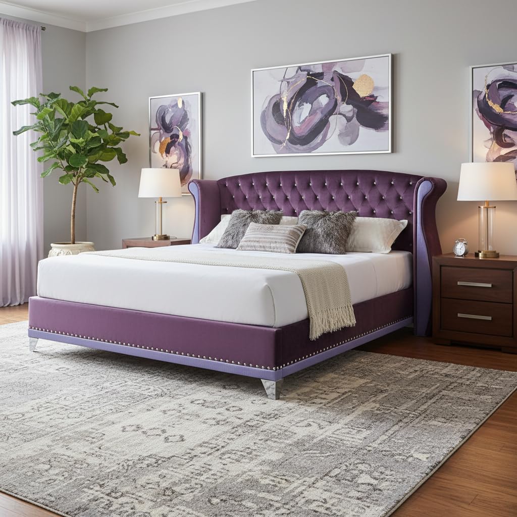Photo 1 of *PARTIAL SET*
Merax Modern Queen Upholstered Bed Frame with Curved Wingback Headboard, Soft Velvet Low Platform Bed, No Box Spring Needed, Easy Assemble, Purple