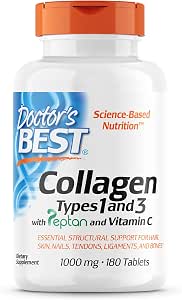 Doctor's Best Collagen Types 1 & 3 With Peptan And Vitamin C - 1,000 Mg, 180 Tablets