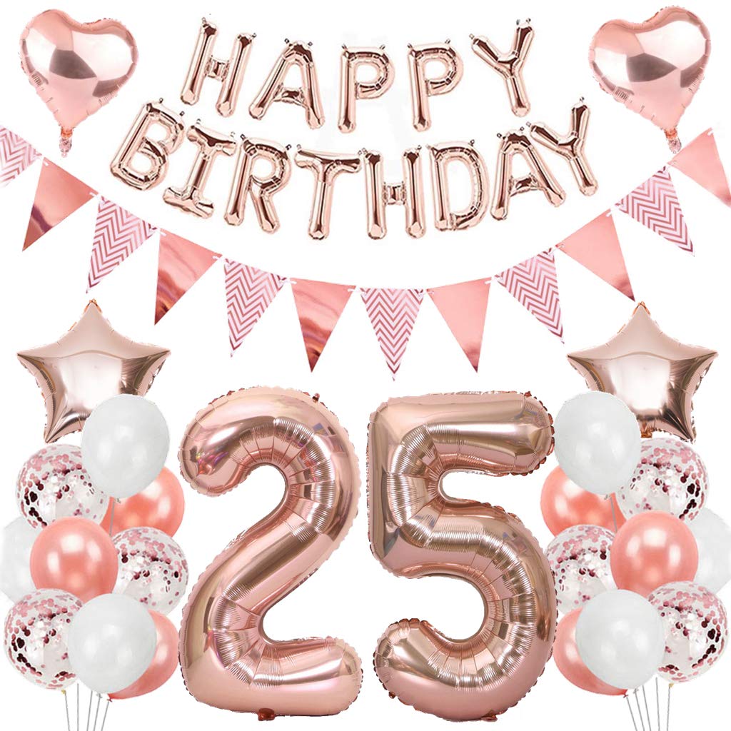 Ouceanwin 25th Birthday Decoration Balloons Rose Gold, Giant Foil Balloons Number 25, Banner Happy Birthday Garland, 25 Years Old Birthday Decoration Supplies for Girl Women Anniversary