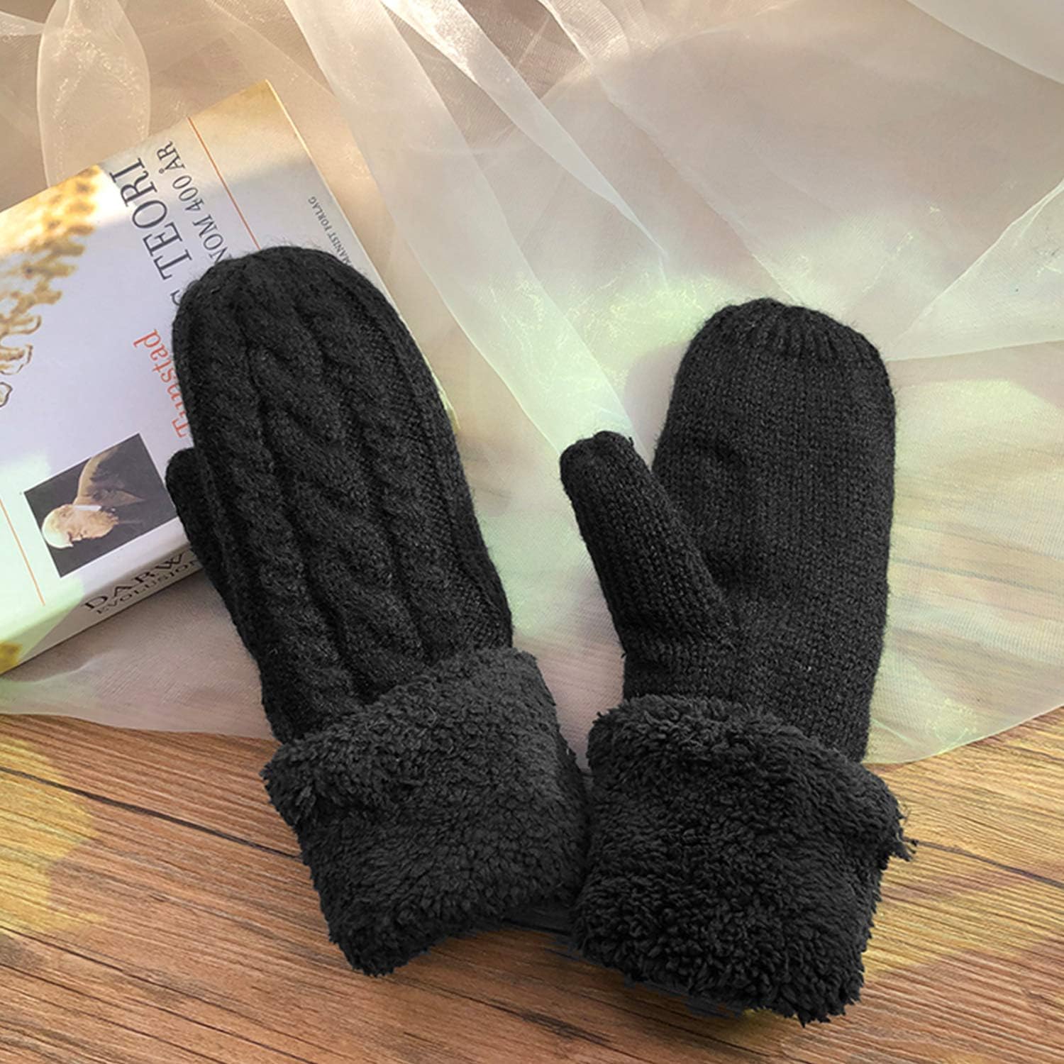 Womens Winter Gloves Knit Warm Mittens for Women Gifts with Plush Lining Cold Weather Accessories(A-a Black, one size) at  Women’s Clothing store