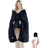 Heated Blanket Wearable Electric Blanket with Hood and Pockets, Heating Throw Blanket, Electric Heated Wrap Shawl with 6 Heating Levels Set & 4 Hours Auto Shut Off, Machine Washable(Short,Navy Blue)