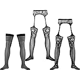 Newcotte 3 Pairs Men's Sissy Pantyhose Sexy Lingerie Lace Fishnet Thigh High Stockings with Suspender for Man Cross dressing