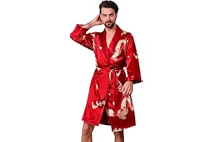 Haseil Men's Satin Robe Dragon Luxurious Silk Spa Long Sleeve House Kimono Bathrobe