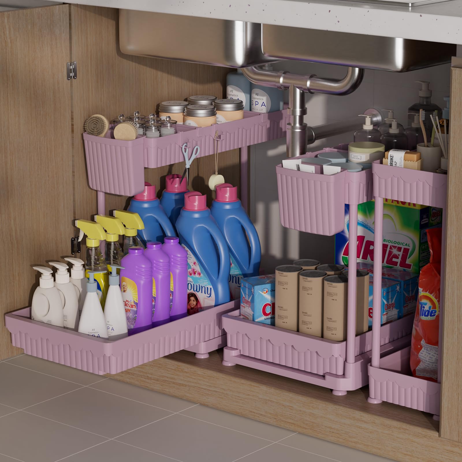 Sevenblue 3 Pack Multi-Purpose Under Sink Organizers and Storage, 2026 L-Shaped Pull Out Cabinet Organizer for Bathroom & Kitchen, Under Cabinet Organizer with Hooks Hanging Cup, Pink, 14.85 inch Image