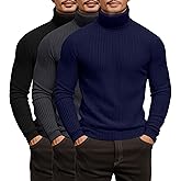 Locoowai 3 Pack Men's Ribbed Turtleneck Shirts, Long Sleeve Mock Neck Lightweight Pullover Sweaters Knit Base Layer Tee Tops