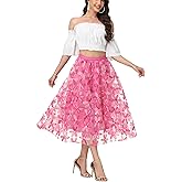 Kisidoo Ladies Skirts Midi Length 3D Floral Embroidery Tulle Skirt | 3-Layer Sheer Mesh High Waist A-Line Party Prom Skirt