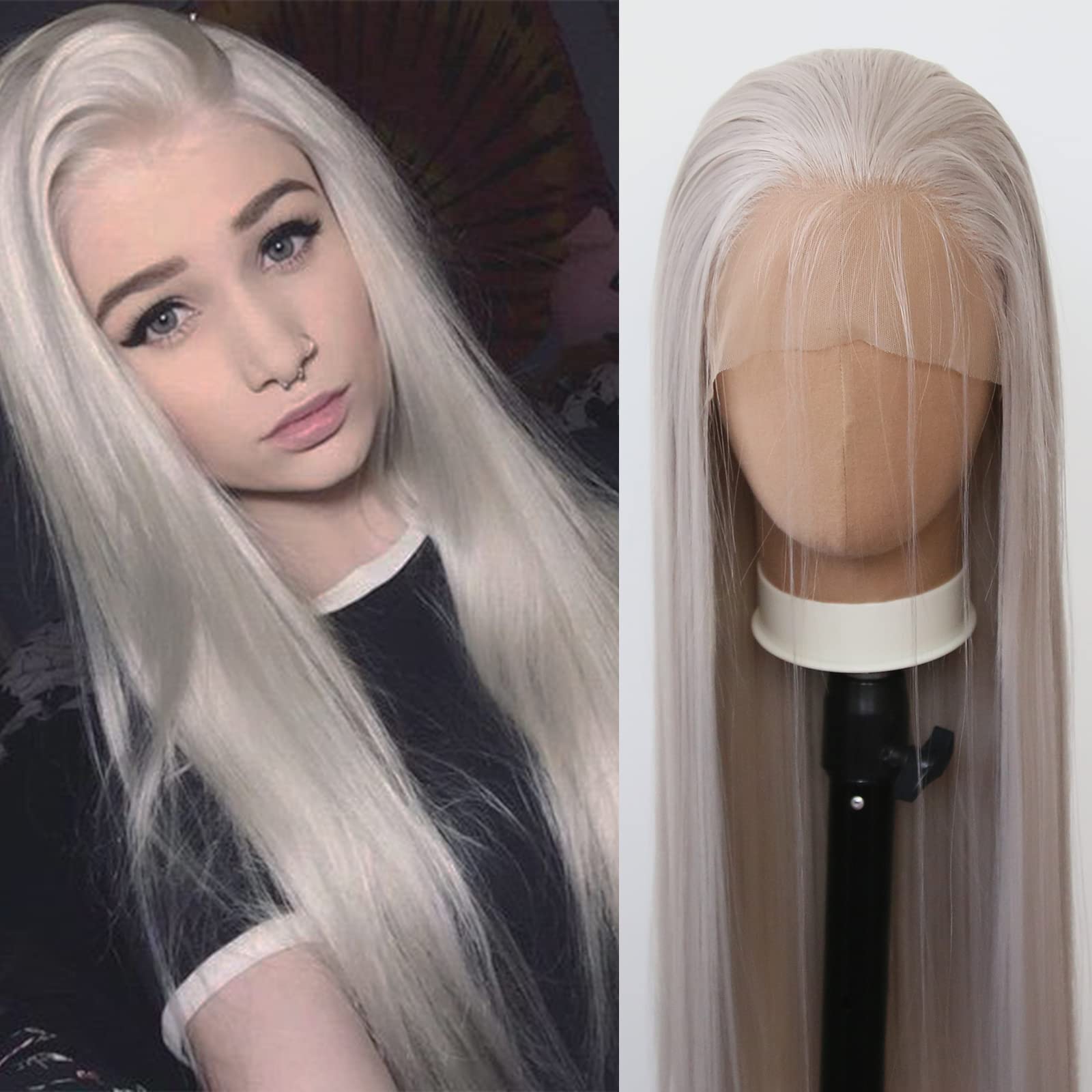 Towarm Silver Grey Wig Long Straight Ash Blonde Synthetic Lace Front Wigs Pre Plucked Natural Hairline with Baby Hair for Black Women Light Grey Heat Resistant Fiber Hair Cosplay Daily Wear Wig (Grey)