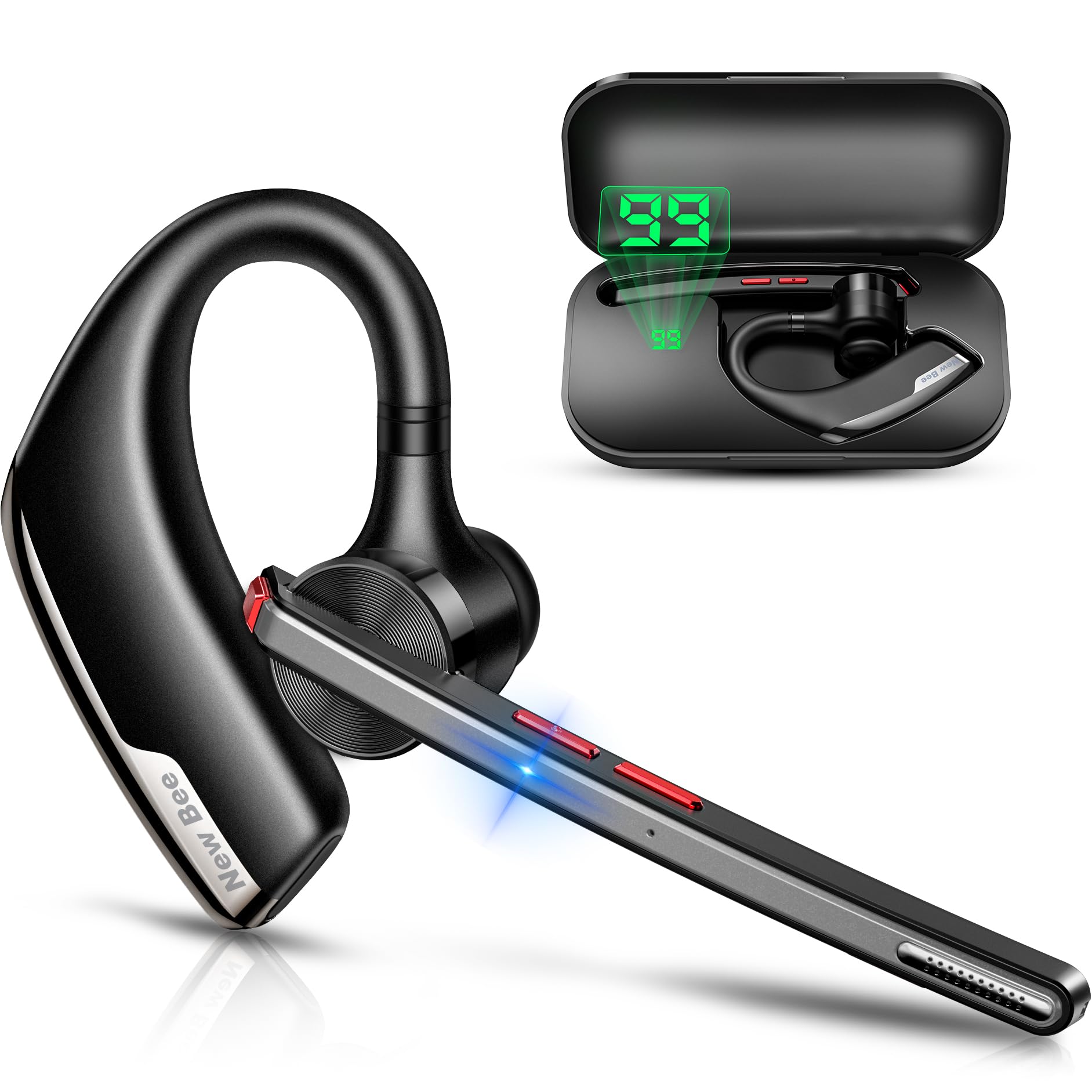 New Bee Bluetooth Headset V5.2, Bluetooth Earpiece Handsfree with Dual ENC Mic Mute, Single Headset Wireless Earpiece 24 Hrs Talk 180 Days Standby for Driving/Business/Office with Android iOS Laptop
