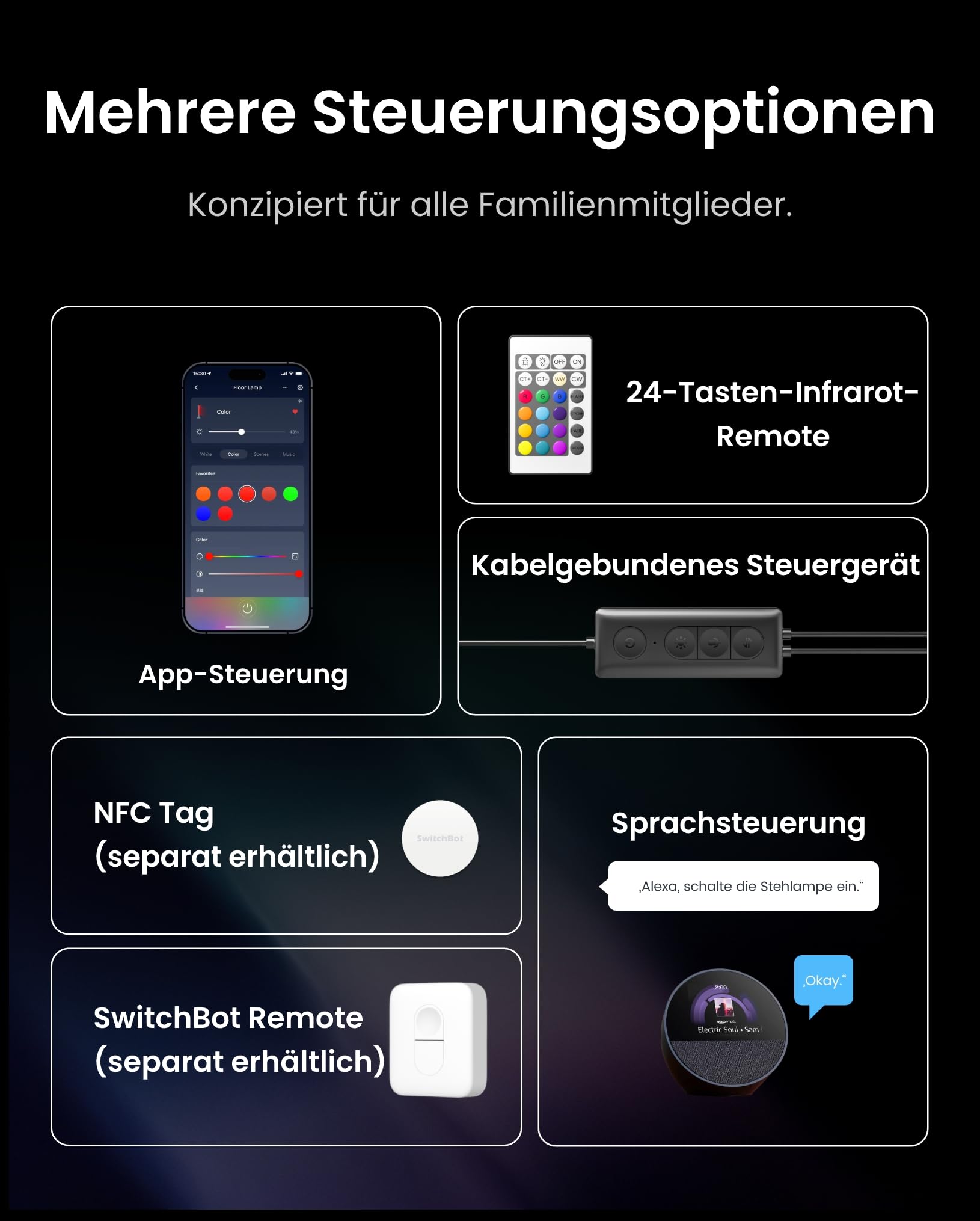 SwitchBot Matter Stehlampe Wohnzimmer, RGBCCT Floor Lamp Dimmbar mit APP Fernbedienung, Kompatibel mit Apple Home, Alexa, Google Home, LED Stehlampe Schwarz mit Warm- & Kaltweiß, Szenenmodi, Musikmodi 7