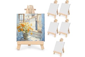 DODHEG 3 Inch Mini Canvas 5 Inch Mini Easel, 6 Pcs Small Painting Canvas with 6 Pcs Mini Easel, for Painting, Crafts, Photos etc