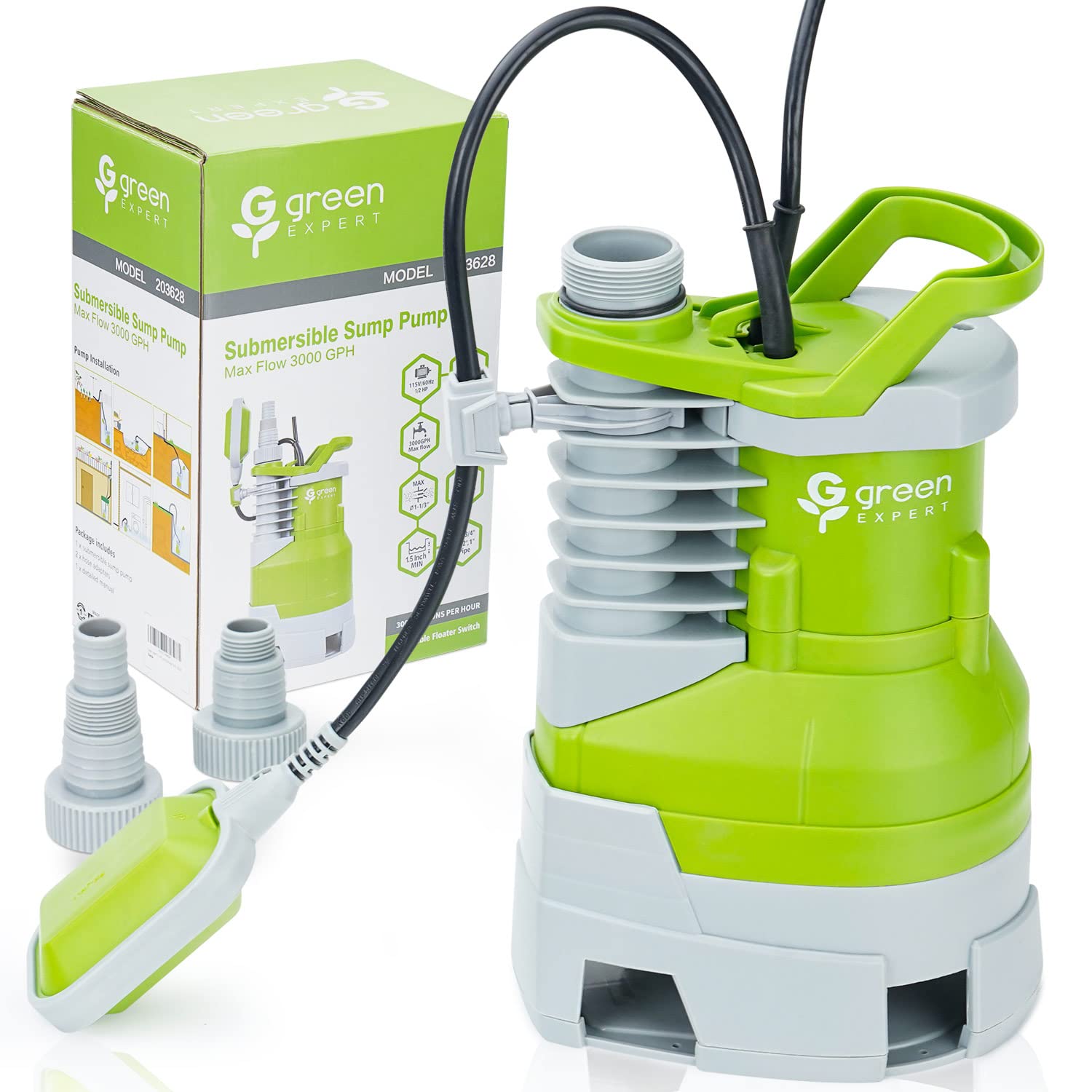 Green Expert 1/2HP Submersible Sump Pump Max 3000GPH High Flow 25-Foot ...