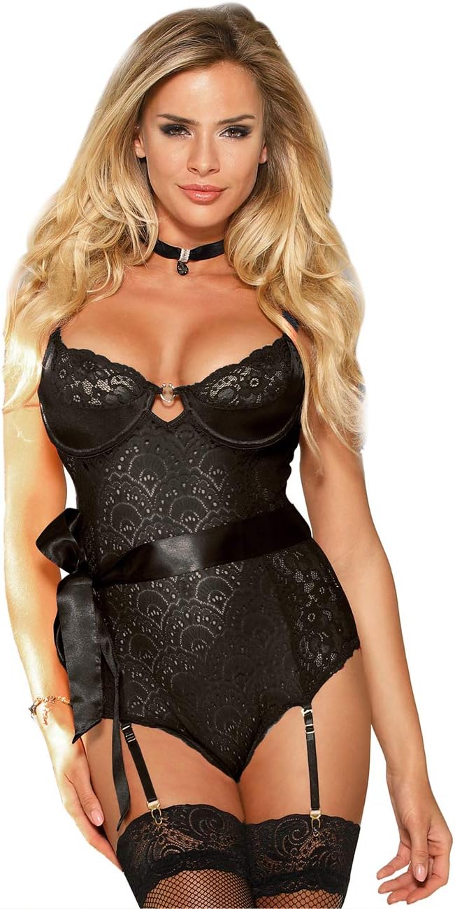 ohyeahgirl Women Lace Bodysuit Tops Plus Size Suspender Belt Lingerie Set for Stocking