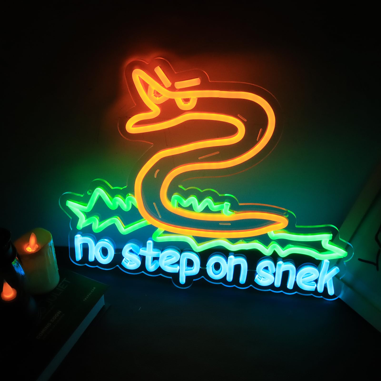 Photo 1 of No Step on Snak Neon Sign Funny Man Cave Don't Step on Snek Wall Decor for Room Teen Girls Indoor Outdoor Party Bedroom and College Dorm Wall Decor Neon Gifts