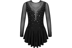 Agoky Kid Girls Shiny Figure Ice Skating Dress Long Sleeve Gymnastic Leotard Dress Roller Skater Ballet Dance Dress Dancewear