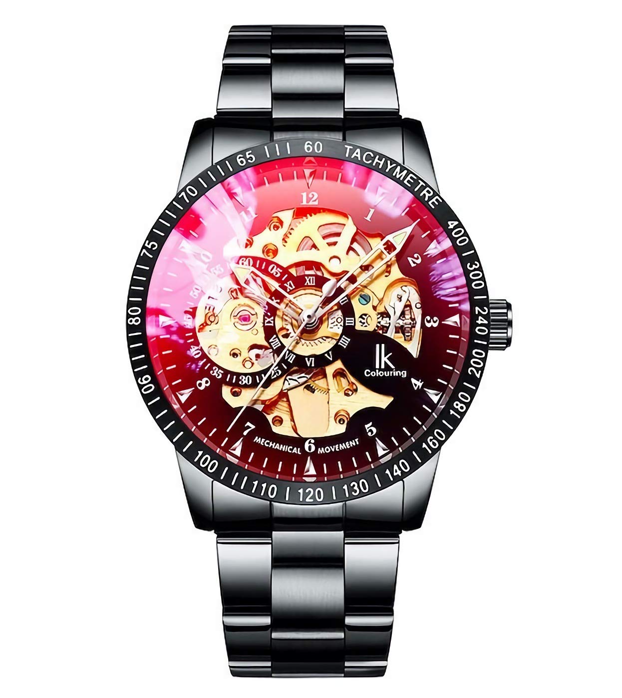 IK Men's Watch Skeleton Automatic Mechanical Wristwatch, Silver Golden Dial Tachymeter Black Stainless Steel Casual Steampunk Watch