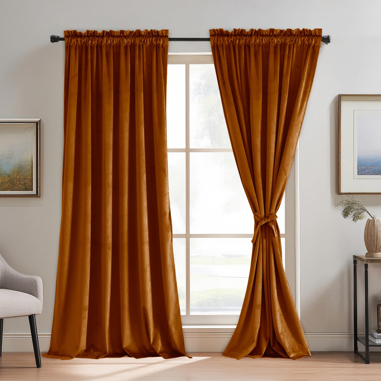 JIUZHEN Terracotta Red Velvet Curtains Super Soft Velvet Drapes for Bedroom Living Room Luxury Blackout Thermal Insulated Rod Pocket Window Drapes, 2 Panels with Tiebacks, 52W x 90L Image