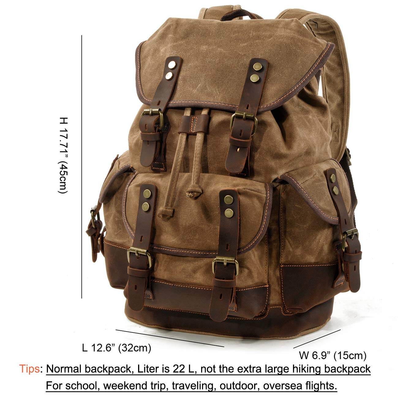 WUDON Men Travel Backpack, Genuine Leather-Waxed Canvas Shoulder Hiking Rucksack