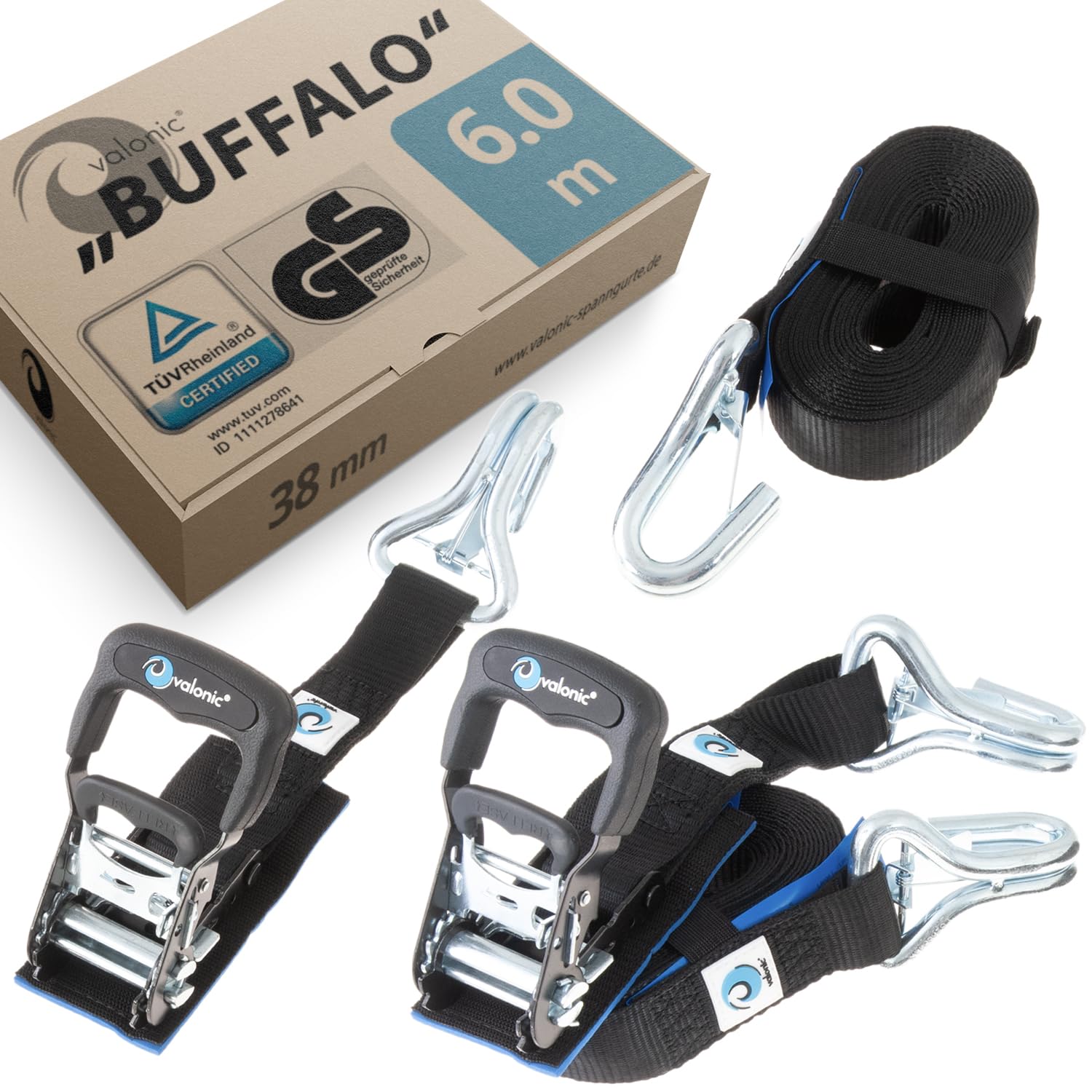 valonic BUFFALO - 2x 6m ratchet straps with hooks, 38mm, 1000/2000 Kg, with protection pad, DIN EN 12195-2 - two-piece tensioning straps for trucks, trailers