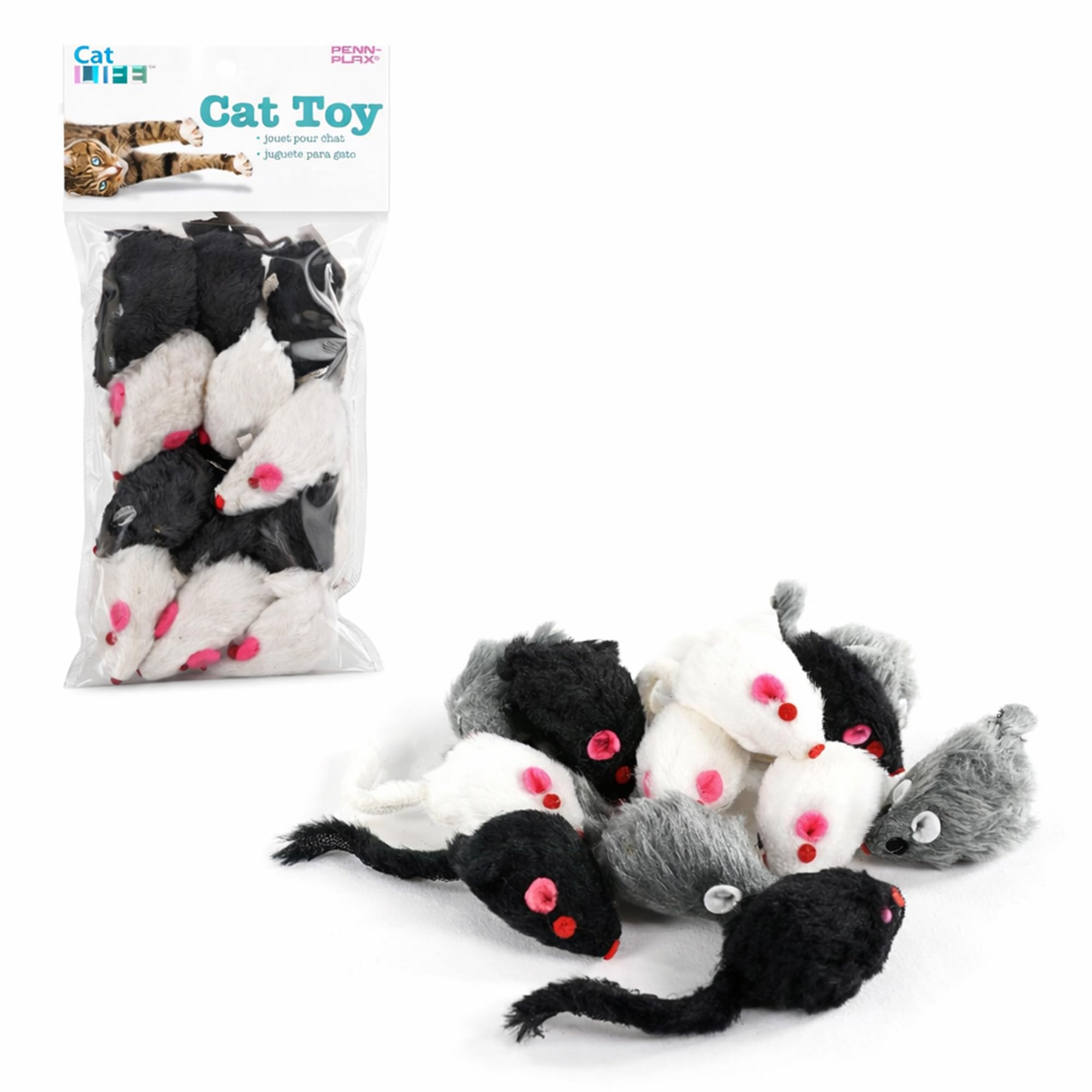 Penn-Plax Play Fur Mice Cat Toys | Mixed Bag of 12 Play Mice with Rattling Sounds | 3 Color Variety Pack - CAT531, Black and White