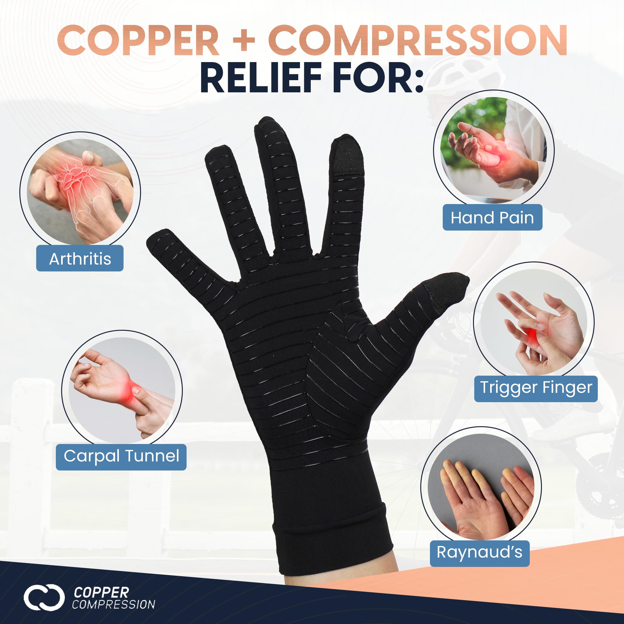 Copper Compression Full Finger Arthritis Gloves - Palm Grips - Touch Screen Fingertips - Compression Support for Carpal Tunnel, Pain Relief, Tendonitis - Fits Men & Women - 1 Pair - M