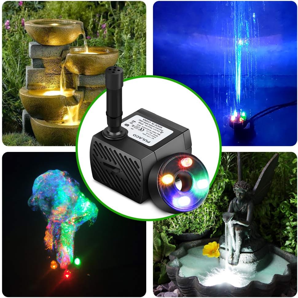 PULACO Mini Fountain Pump with LED Light (50GPH 3W ) for Water Features, Fish Pond, Outdoor Fountain, Aquariums, Indoor Fountain, Home Décor Fountain: Home Improvement
