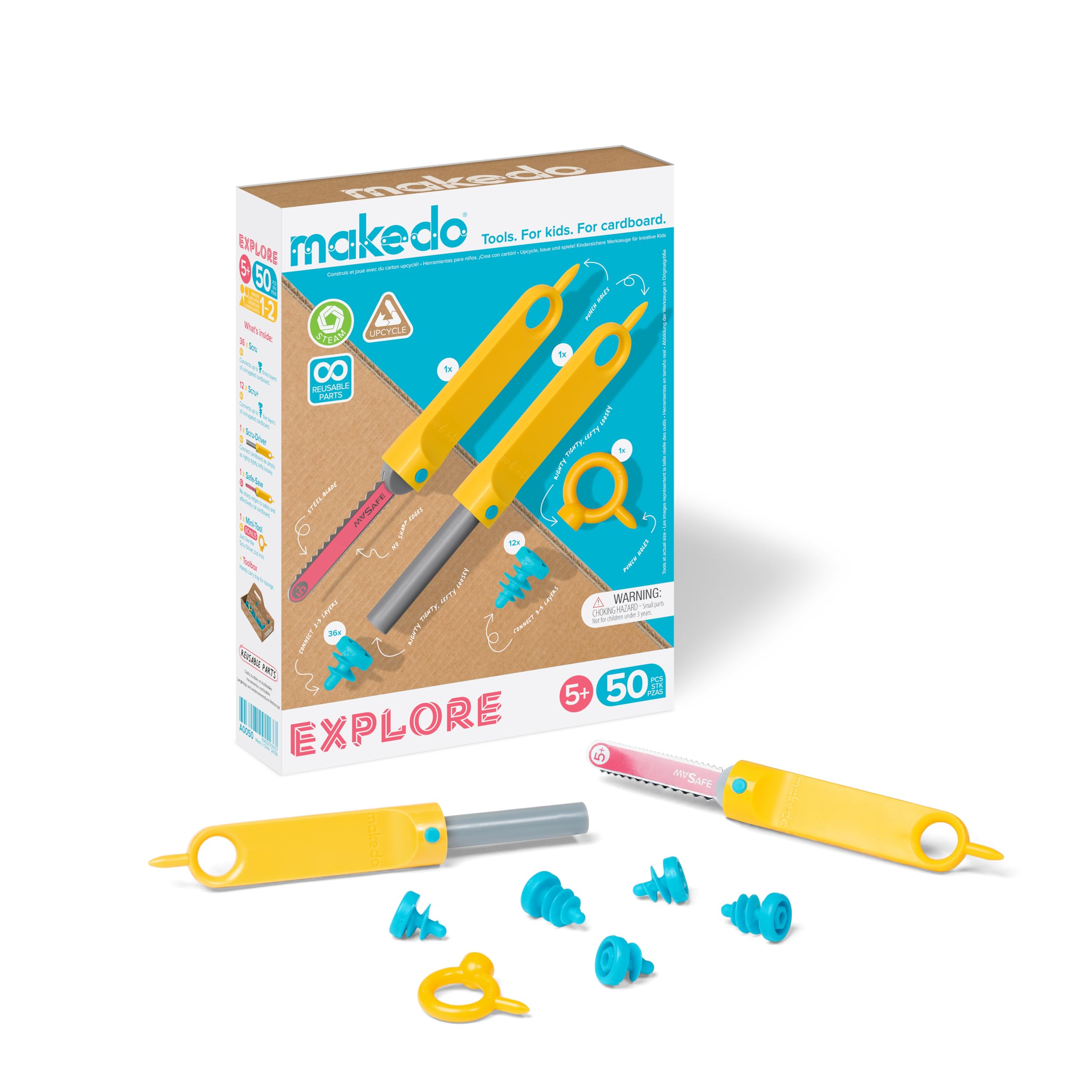 Makedo Explore | Upcycled Cardboard Construction Toolkit in Small Toolbox (50 Pieces) | STEM + STEAM Educational Toys for at Home Play + Classroom Learning | Reusable Tools for Boys and Girls Age 5+