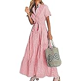 utcoco Womens Casual Short Sleeve Button Down Tie Waist Ruffled Striped Maxi Shirt Dress