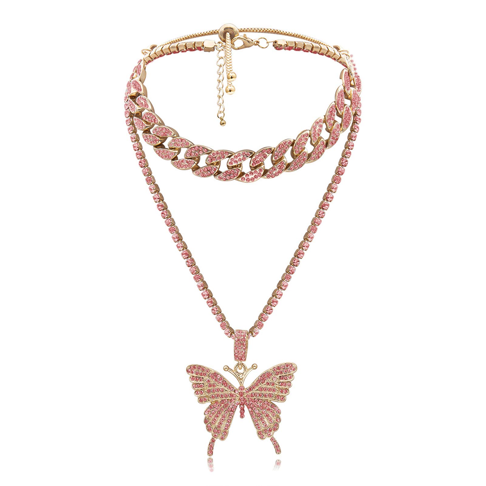 AILUOR Butterfly Cuban Link Necklace Set, Women Hip Hop Choker Big Butterfly Pendant Necklace Chain Iced Out with Bling Rhinestones, Fashion Accessory for Hip Hop Lovers Women Girl (Pink)