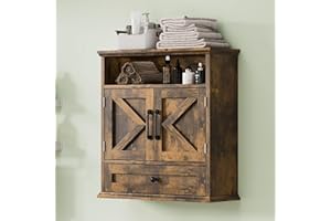 VIROFORMO Bathroom Wall Cabinet, Wall Mounted Medicine Cabinet with Drawer, Barn Door & Adjustable Shelf, 24.4"H x 23.6"W x 9"D Rustic Brown Over Toilet Farmhouse Storage Cabinet for Kitchen, Laundry, Entryway