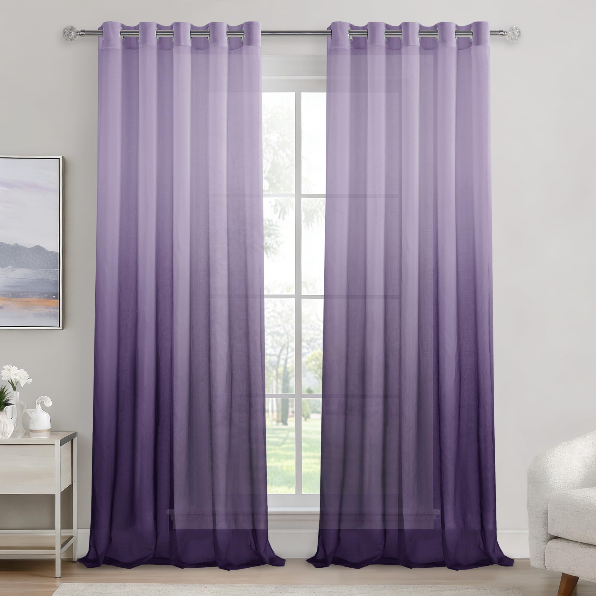 DWCN Purple Gradient Curtains for Living Room Net Curtain Eyelet Voile Curtains 90 Drop Pair Sheer curtains for Bedroom Set of 2, 66 x 90 Inches