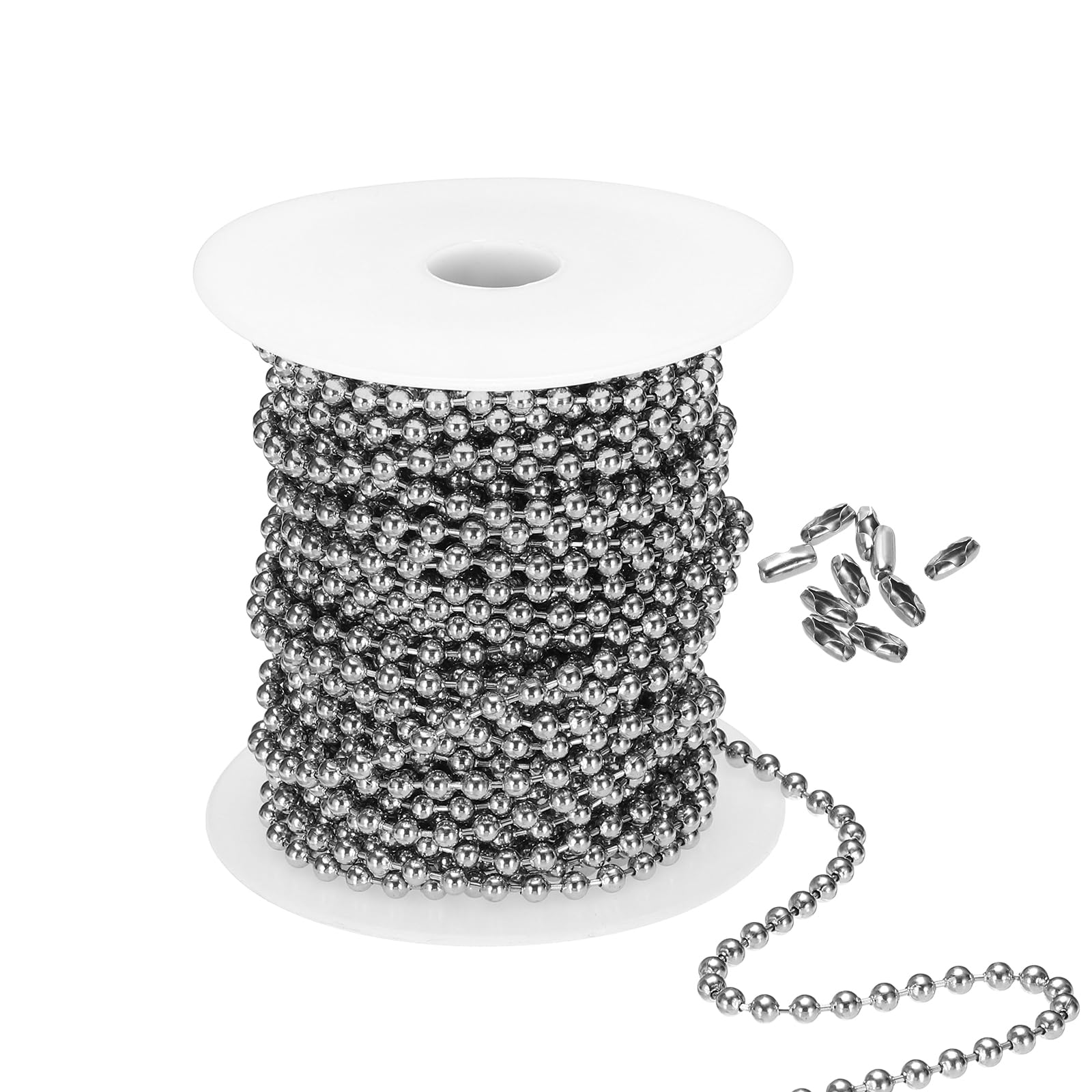 PATIKIL 4.0mm x 56ft 304 Stainless Steel Ball Chain, 1 Set Ball Chain Bead with 100 Pcs Matching Connector Clasp for Curtain Blind Pull, Tag Rings, DIY Crafts