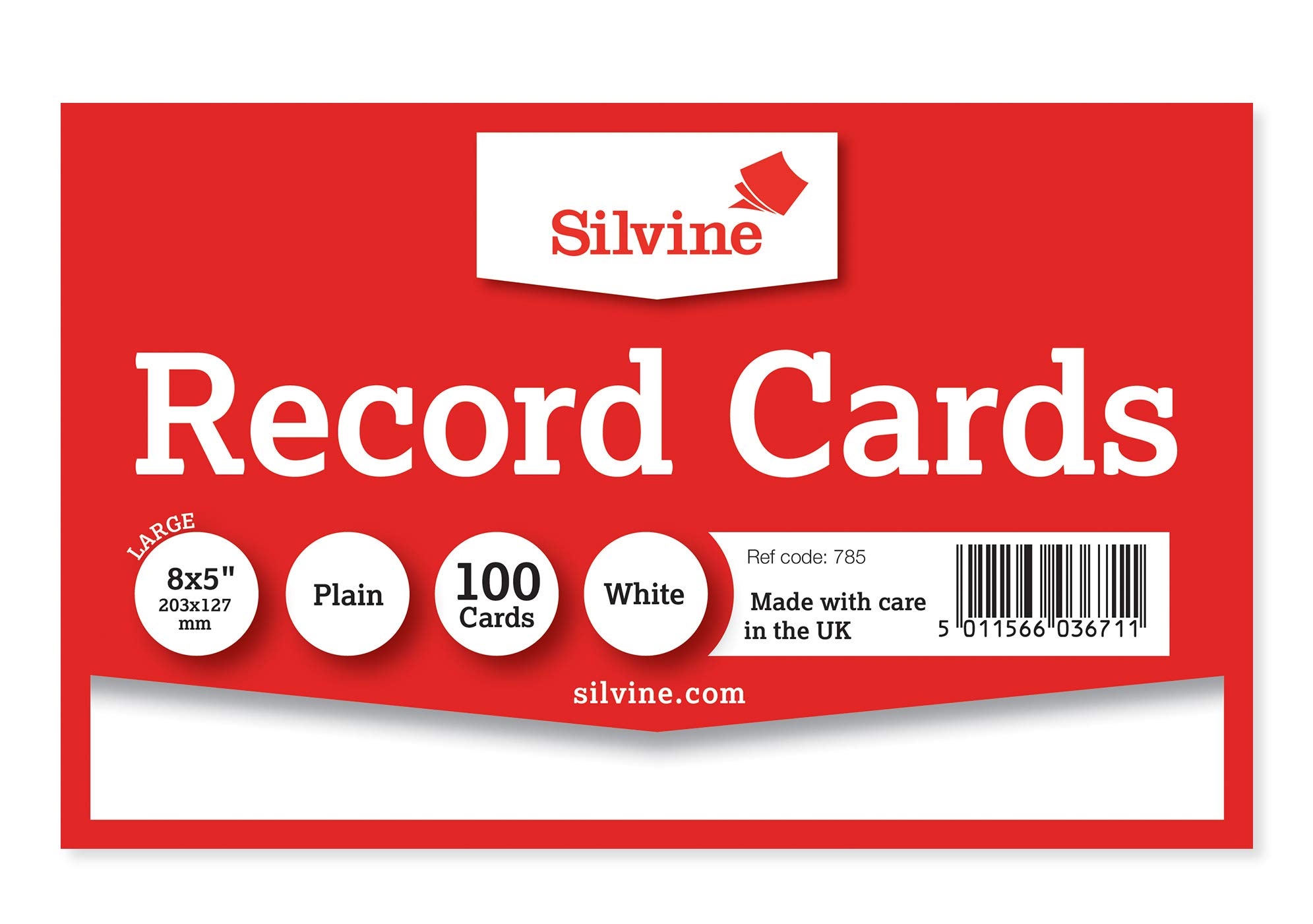 Silvine 8x5 White Record Cards - Plain, 100 Cards per Pack. Ref 785 (203 x 127mm)