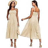 Capuffy Women's Adjustable Spaghetti Straps Smocked Maxi Dress Tiered Skirt Pleated Boho Summer Dress Long Beach Sundress 379